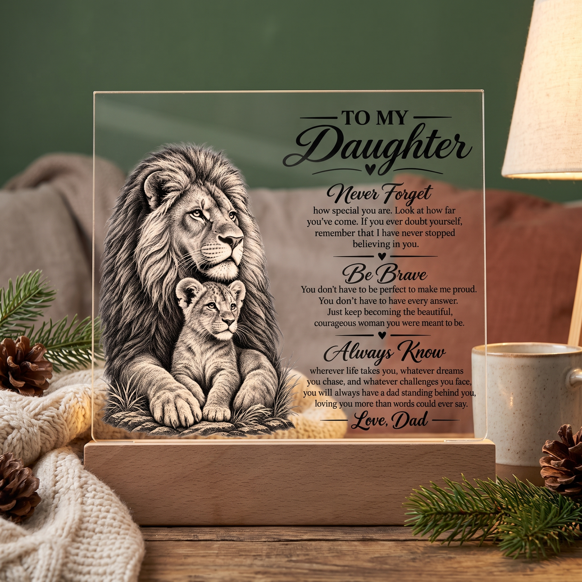 Evergreen, Square acrylic Daughter plaque from Dad displayed on a cream knit throw with soft forest green background, a meaningful keepsake gift. 