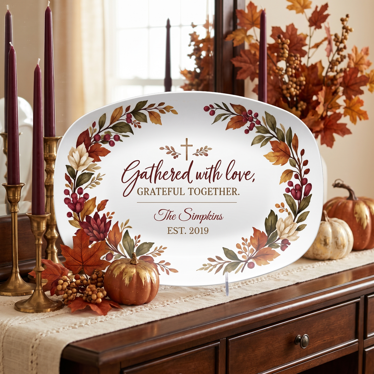 Personalized Thanksgiving platter with family name and established year, styled on a kitchen counter with warm fall decor in rust, gold and burgandy. 
