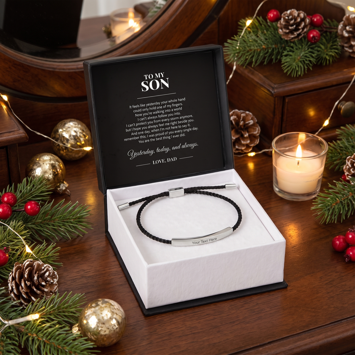 Men's bracelet with heartfelt message to son, styled on a vanity with soft natural lighting. 
