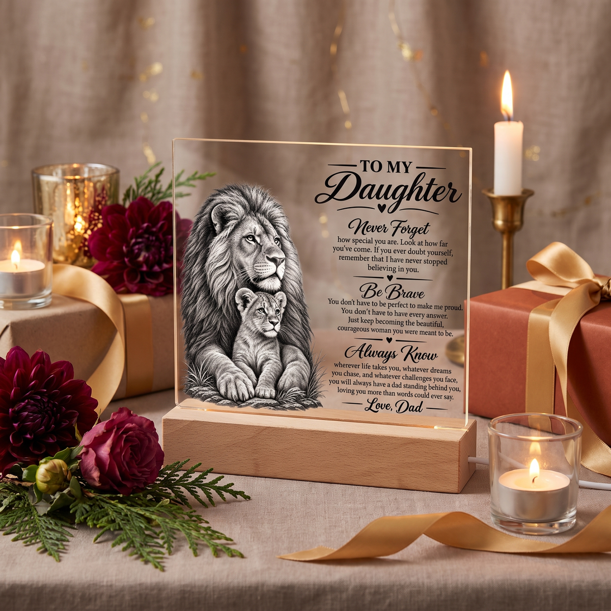 Birthday, Square acrylic keepsake plaque with heartfelt message from dad to daughter, styled on taupe linen with gold ribbon, burgandy florals, and warm candlelight.